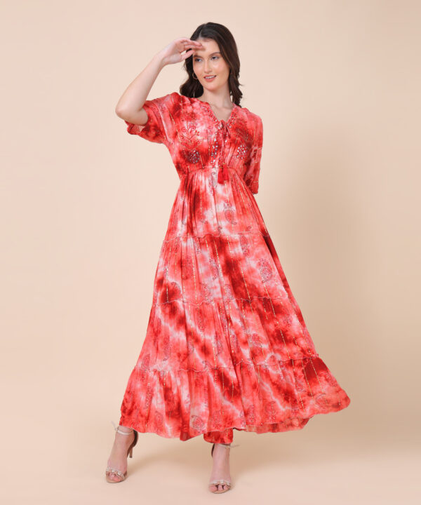 Floral Print Tiered Weston Dress, V-Neck, Short Puff Sleeves (Free Size) - Image 7