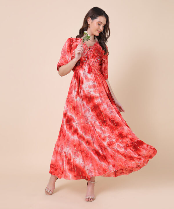 Floral Print Tiered Weston Dress, V-Neck, Short Puff Sleeves (Free Size) - Image 4